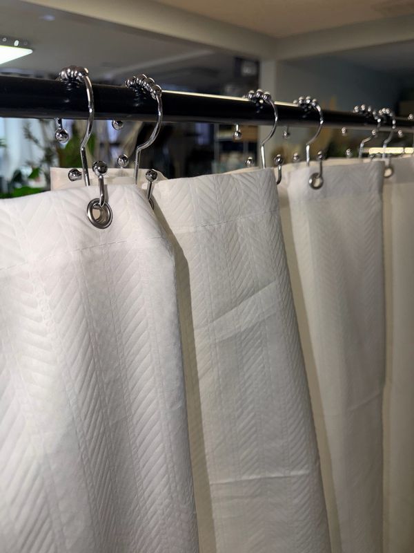 White Shower Curtain W/ Silver Hooks & Liner