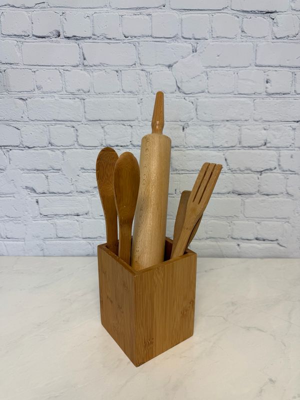 Wooden Utensil Holder w/ Utensils