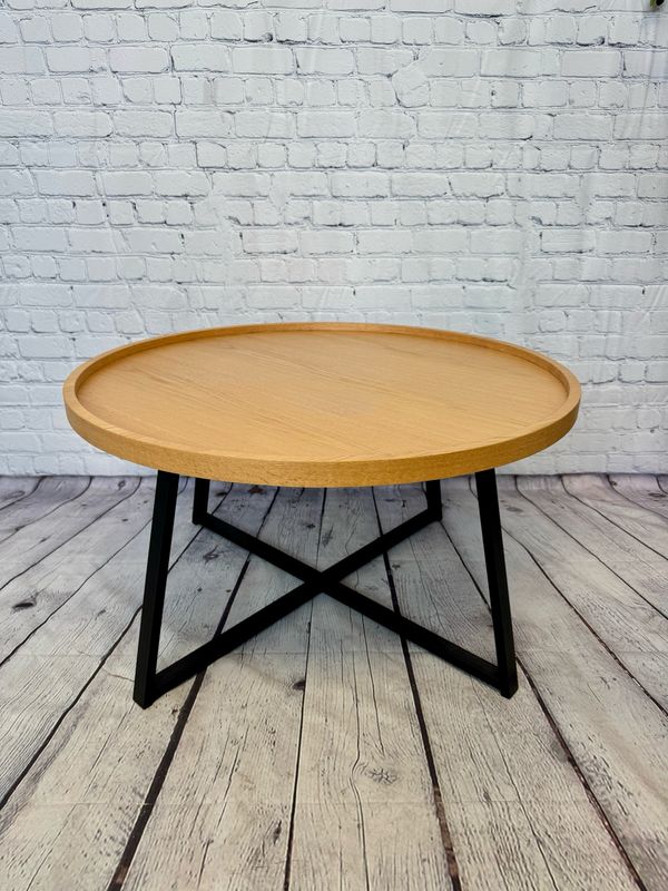 Round Wood Coffee Table w/ Black Metal Legs