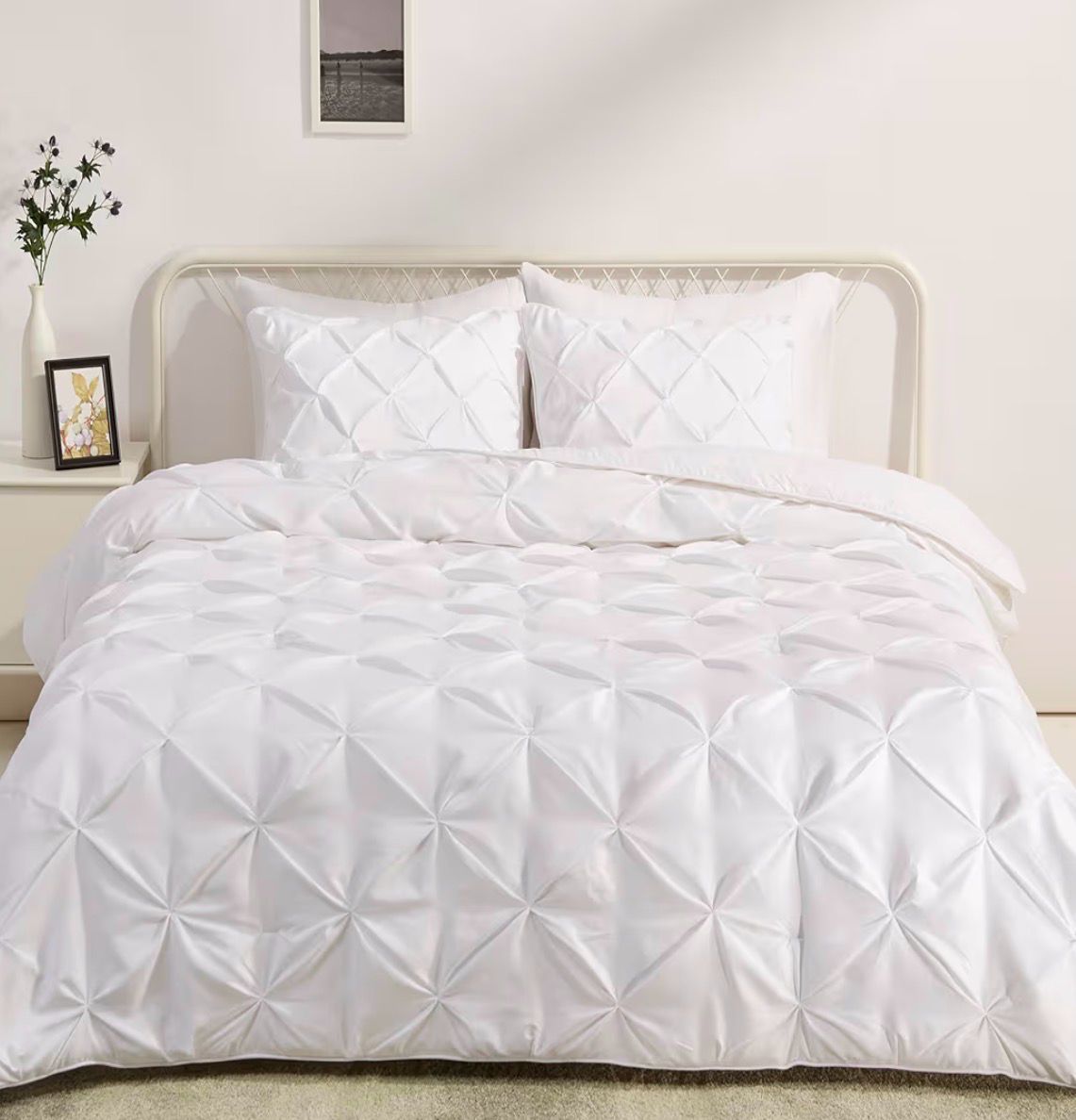 King Bedding - White Pleated Comforter w/ 2 Cases