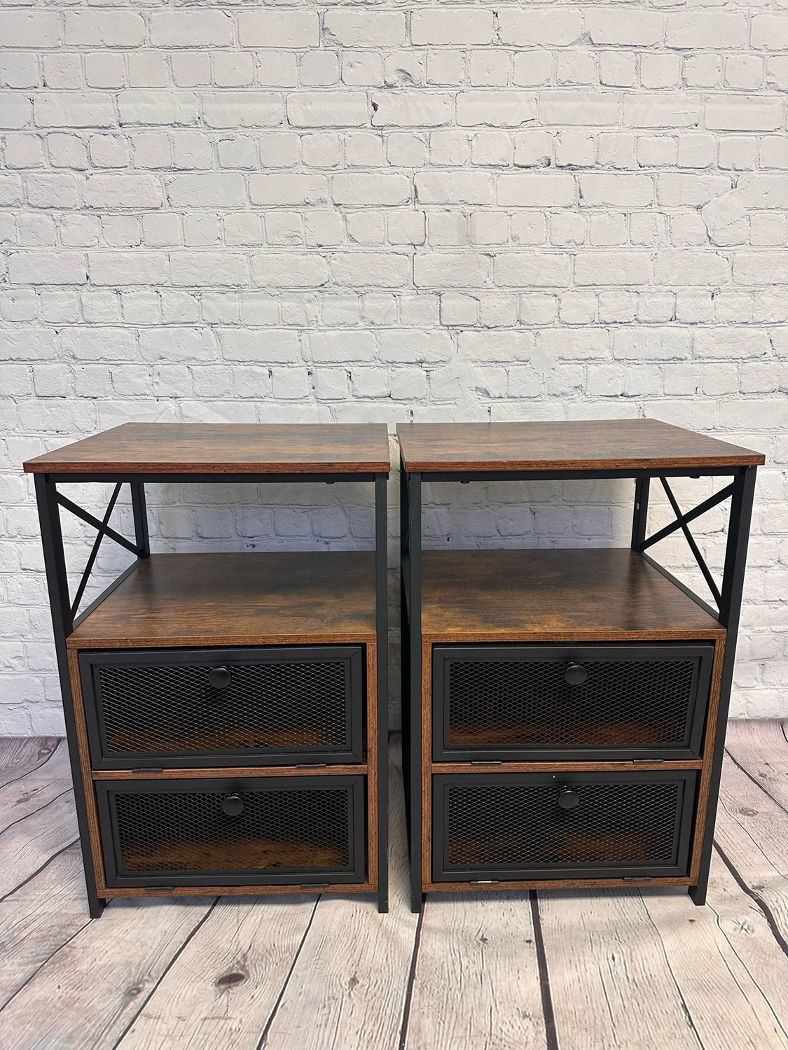 Brown Industrial End Table w/ 2 Drawers - Set of 2
