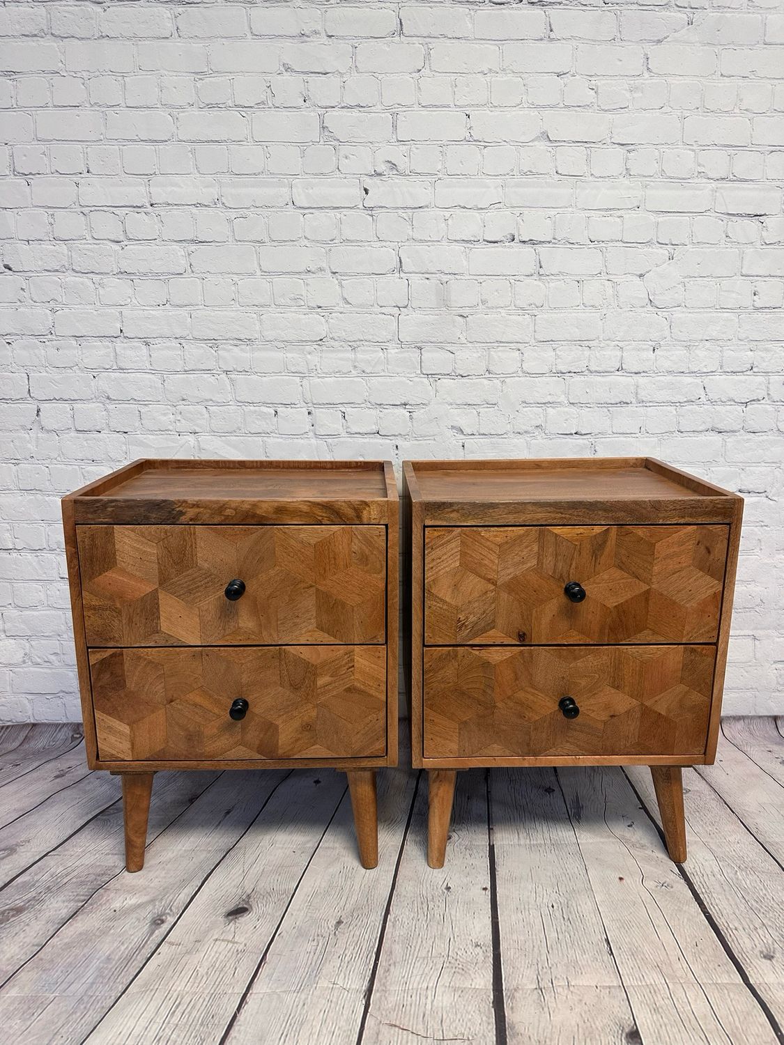Wood Geometric End Table w/ 2 Drawers - Set of 2