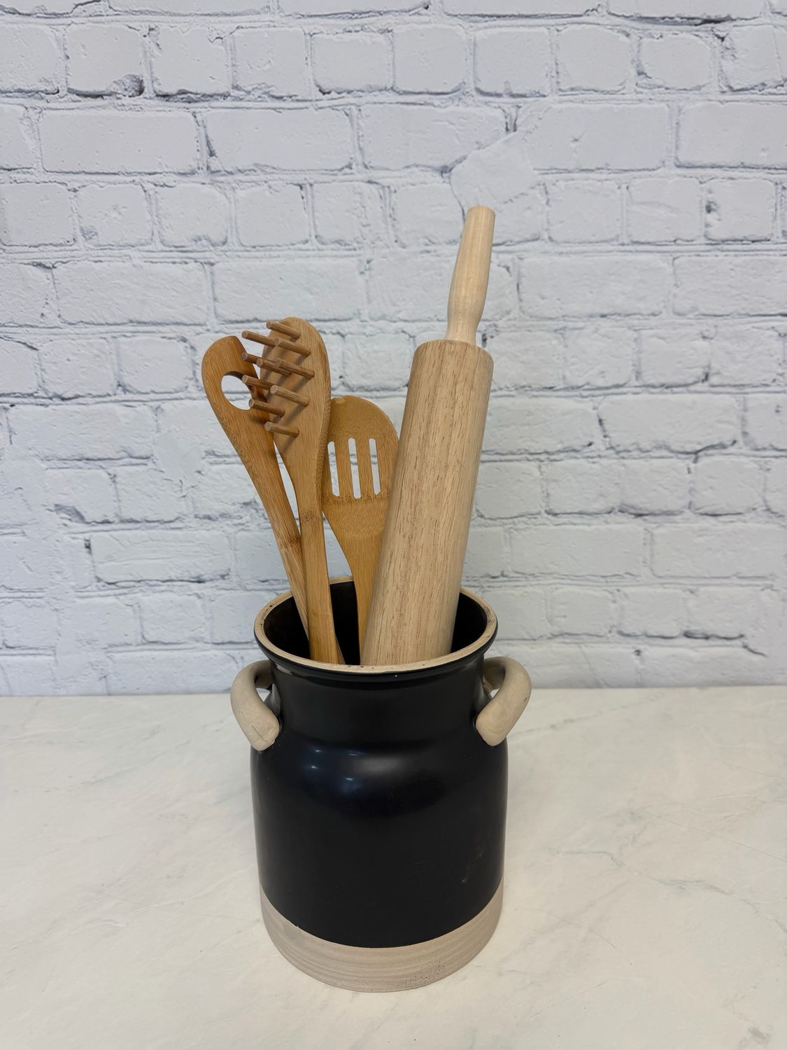 Medium Black Jug W/ Utensils