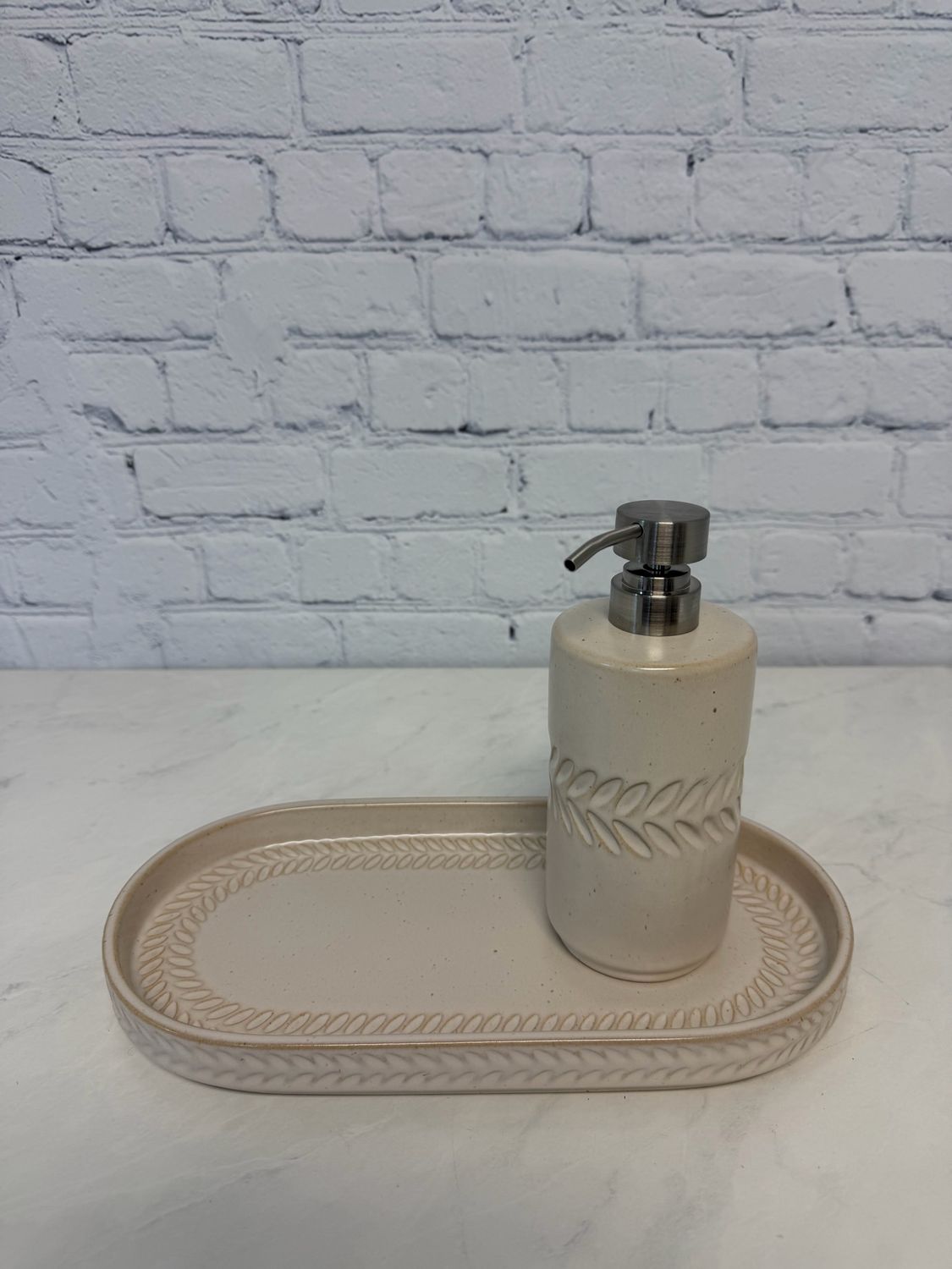 Cream Soap Dispenser W/ Tray - Set Of 2