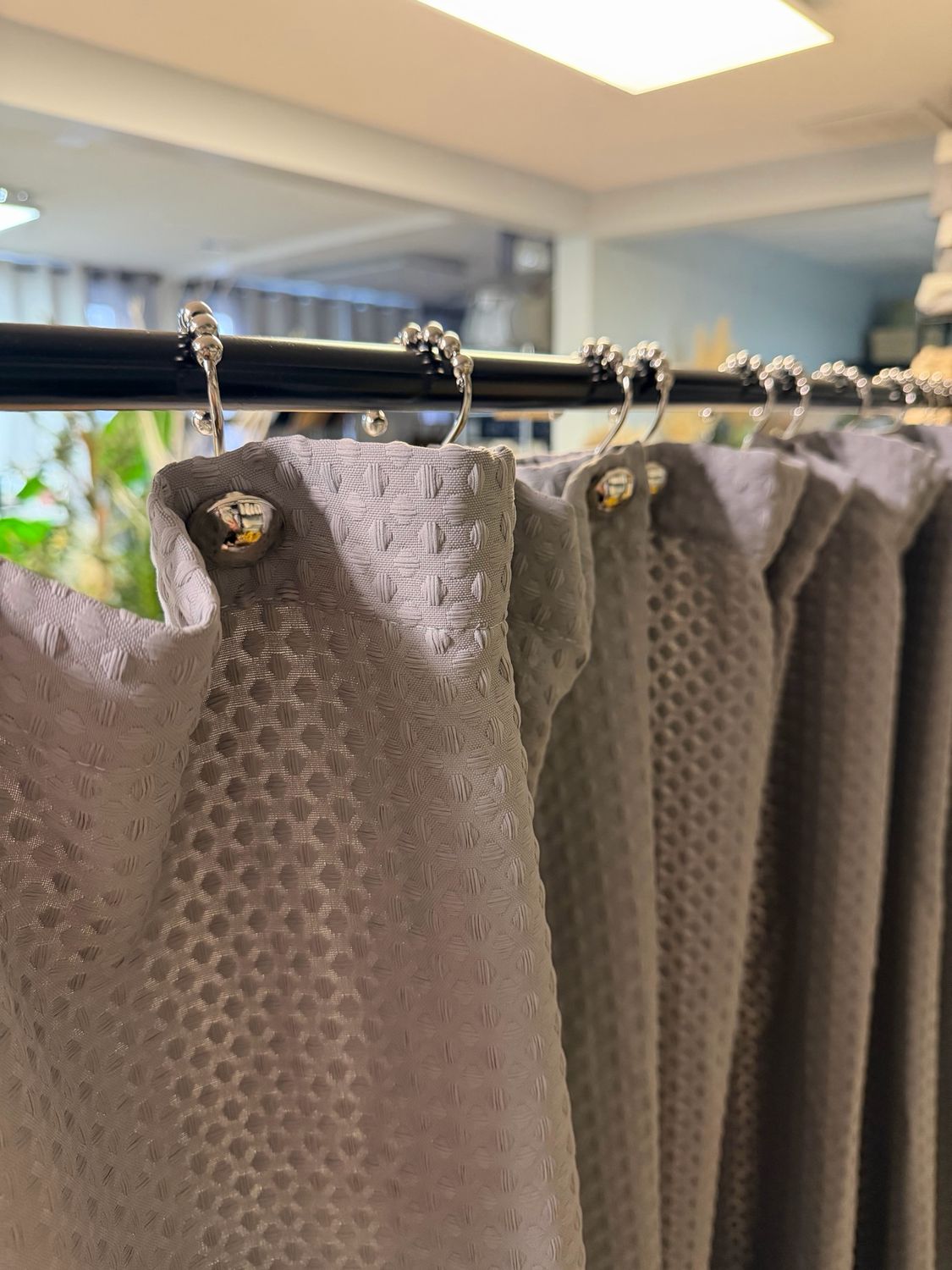 Grey Shower Curtain W/ Silver Hooks