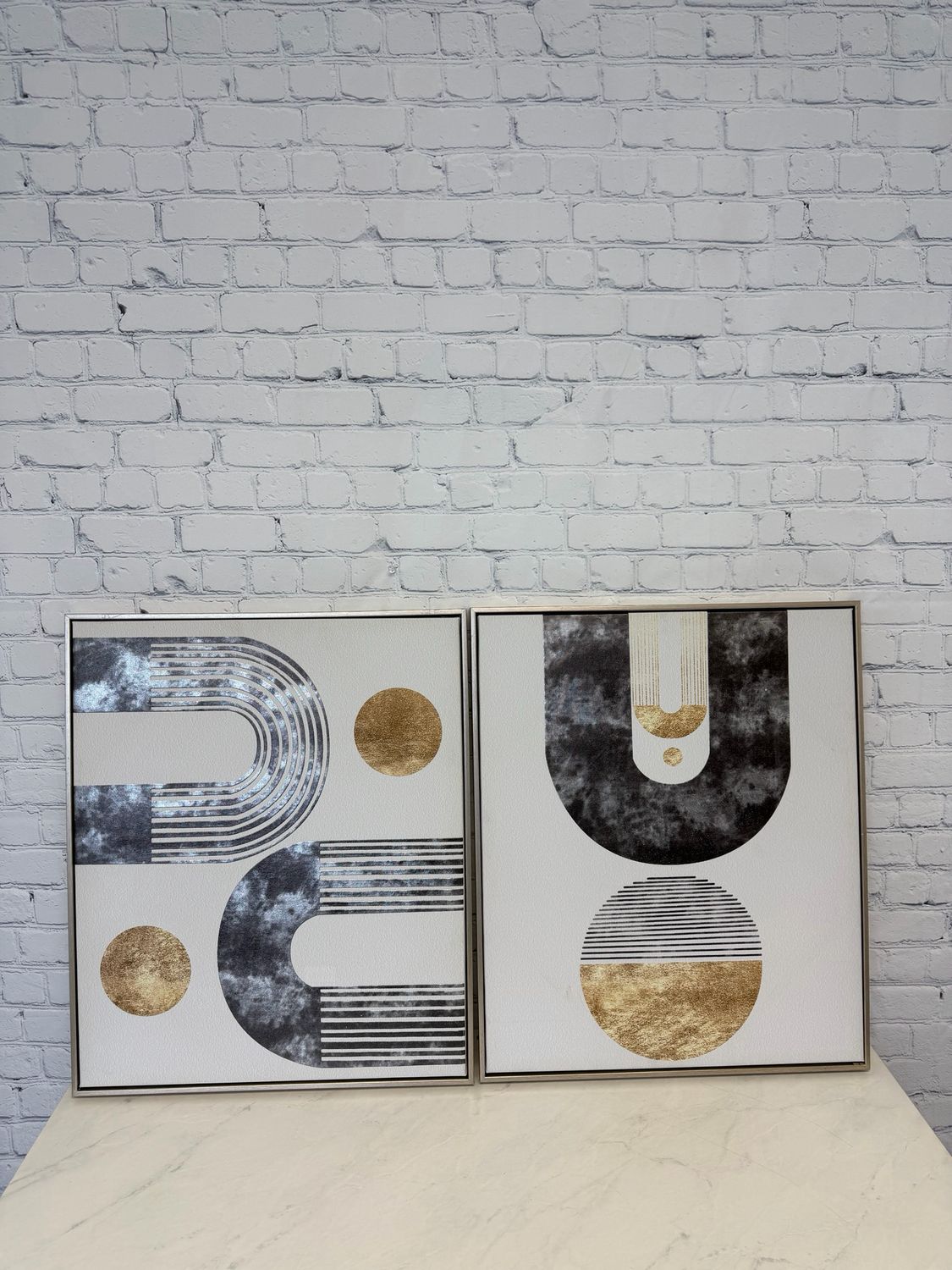 Black White & Gold Abstract Framed Canvas - Set Of 2