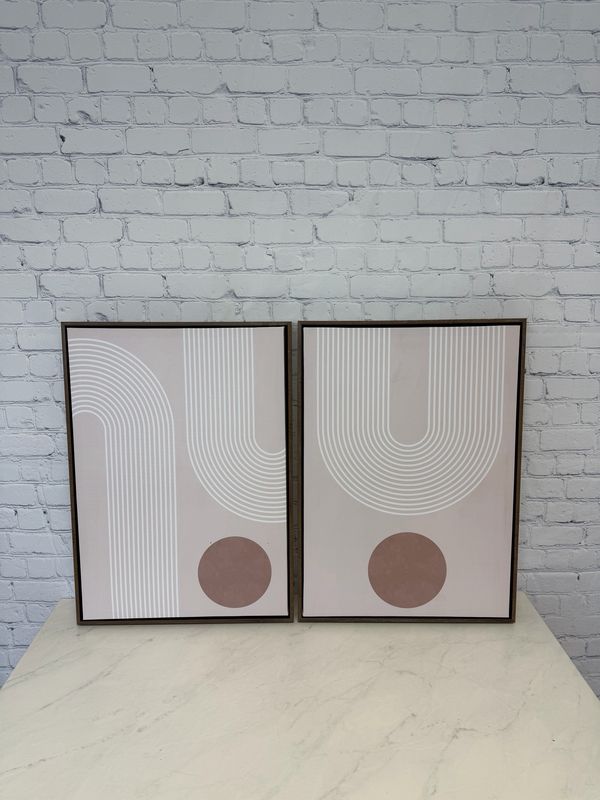 Pink & White Abstract Framed Canvas - Set Of 2