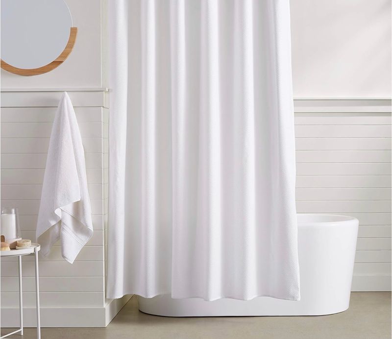 White Waffle Shower Curtain W/ Silver Hooks