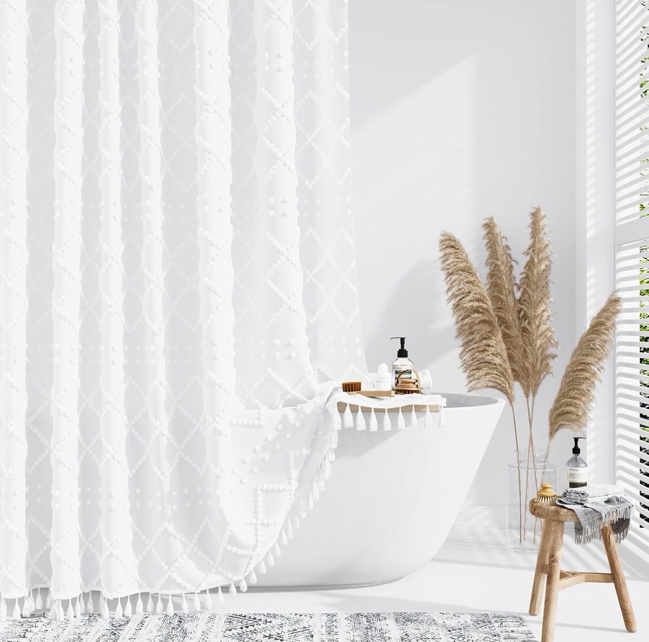 White Waffle Shower Curtain W/ Dark Hooks
