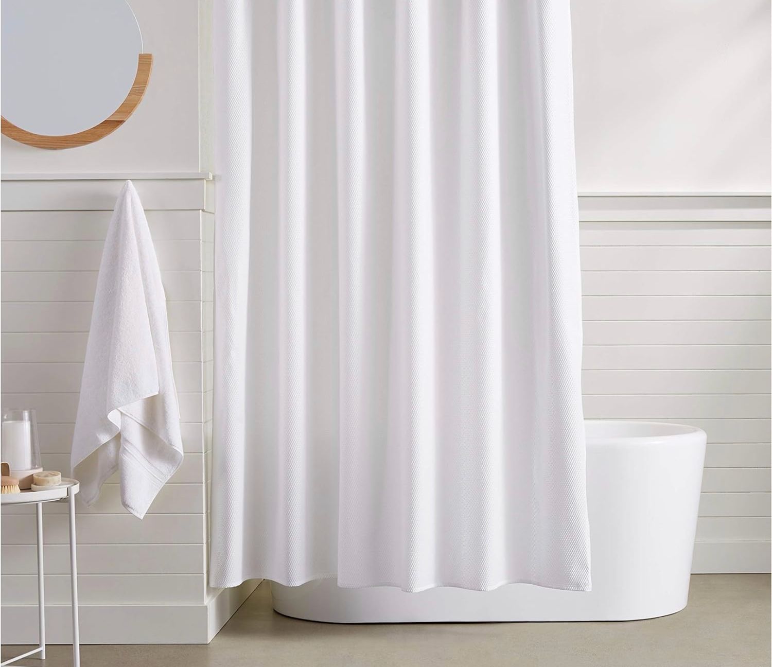 White Waffle Shower Curtain W/ Black Hooks