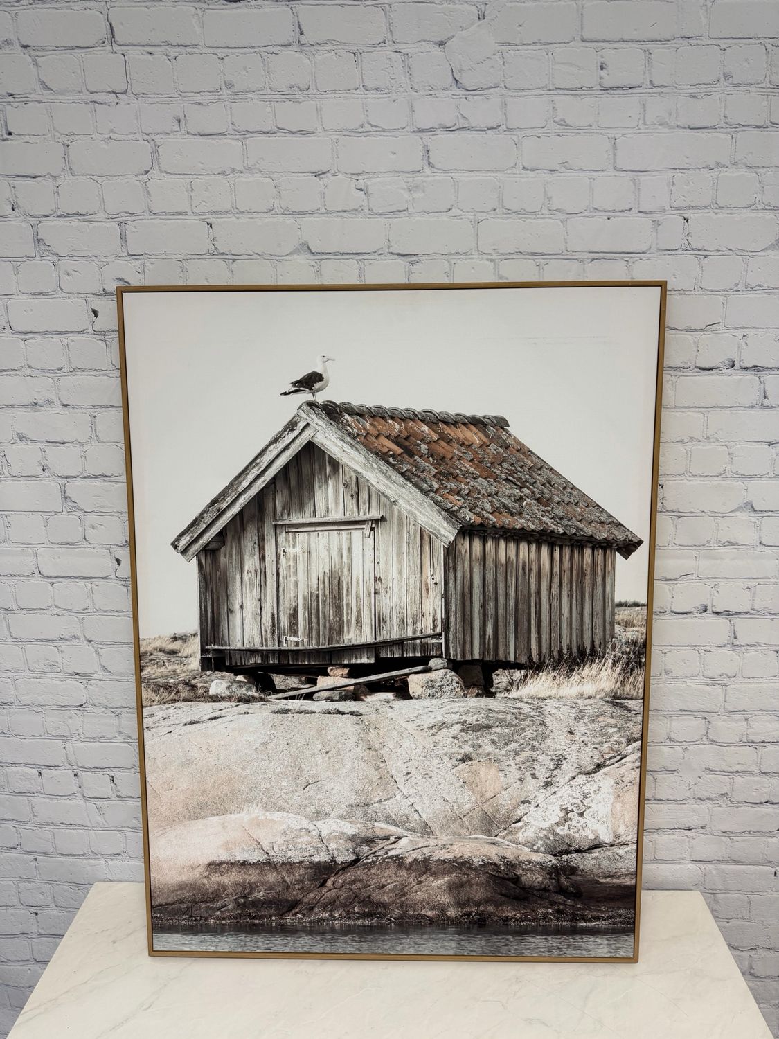 Seagull On A Cabin Framed Canvas