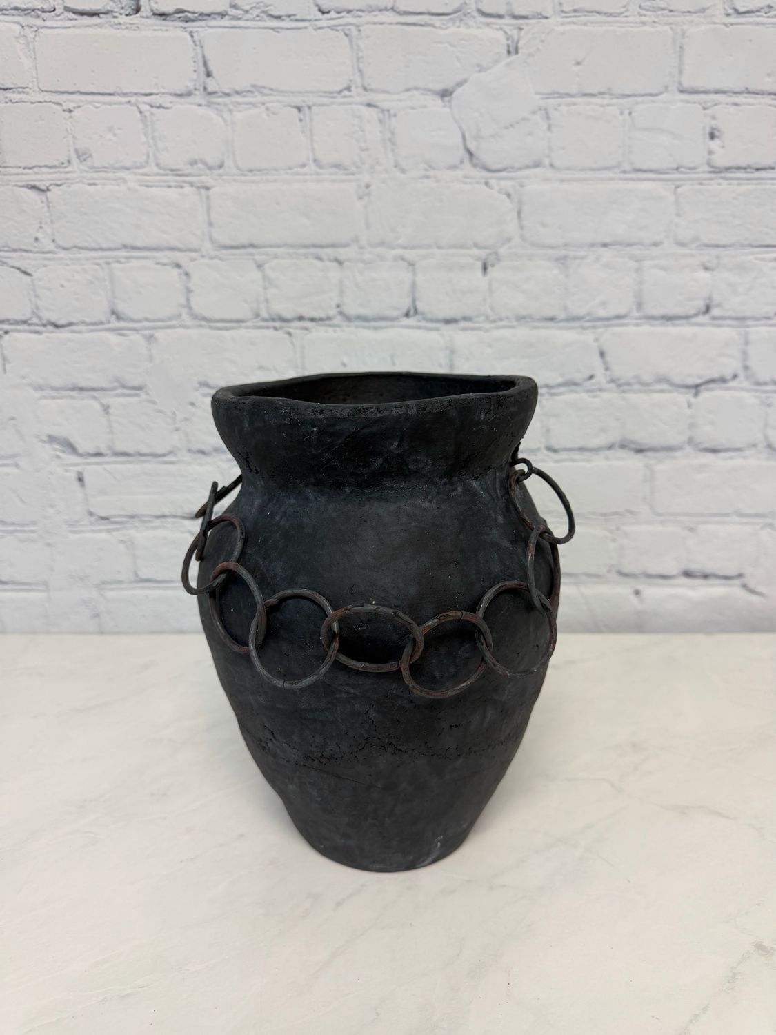 Large Dark Grey Decorative Vase W/ Chains
