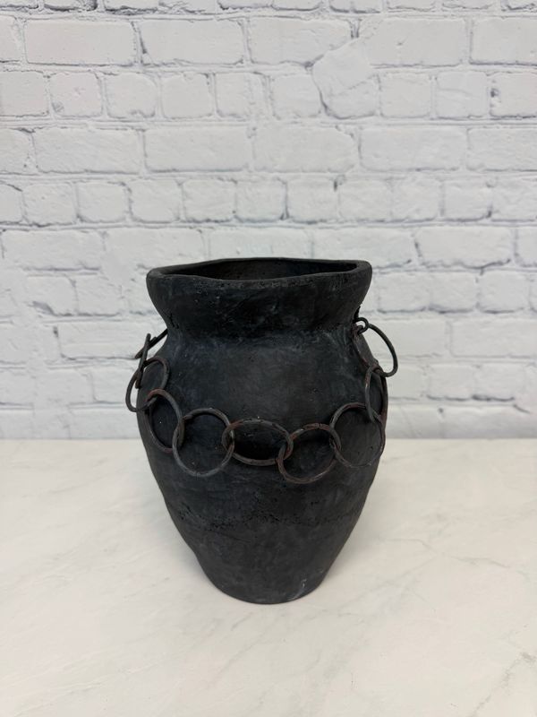 Large Dark Grey Decorative Vase W/ Chains