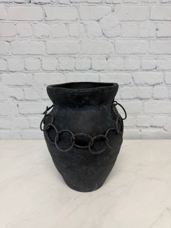 Large Dark Grey Decorative Vase W/ Chains