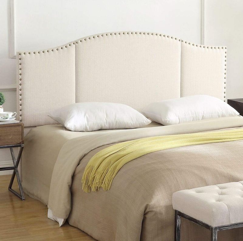 Queen Headboard - Ivory W/ Antique Brass Nails