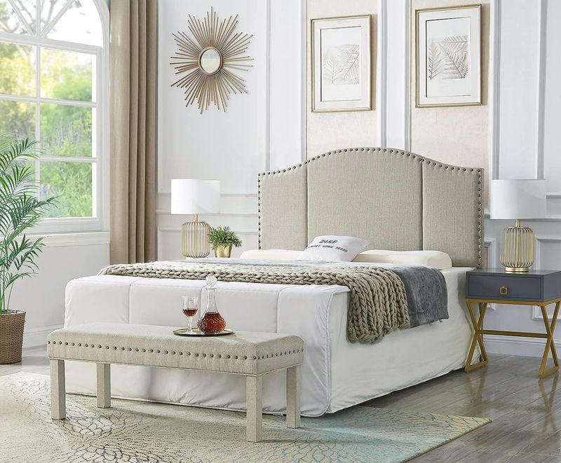 Queen Headboard - Beige W/ Antique Brass Nails