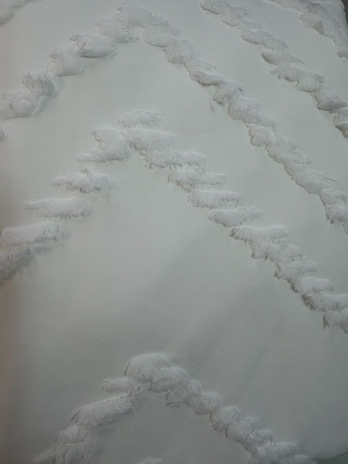 White Patterned Shower Curtain W/ Dark Silver Hooks