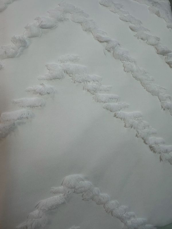 White Patterned Shower Curtain W/ Dark Silver Hooks