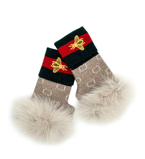 Fingerless Gloves with Embroidered Bee and Fox Pom, Color: Beige