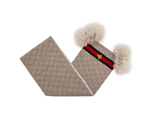 Knitted Scarf with Embroidered Bee and Fox Pom, Color: Beige