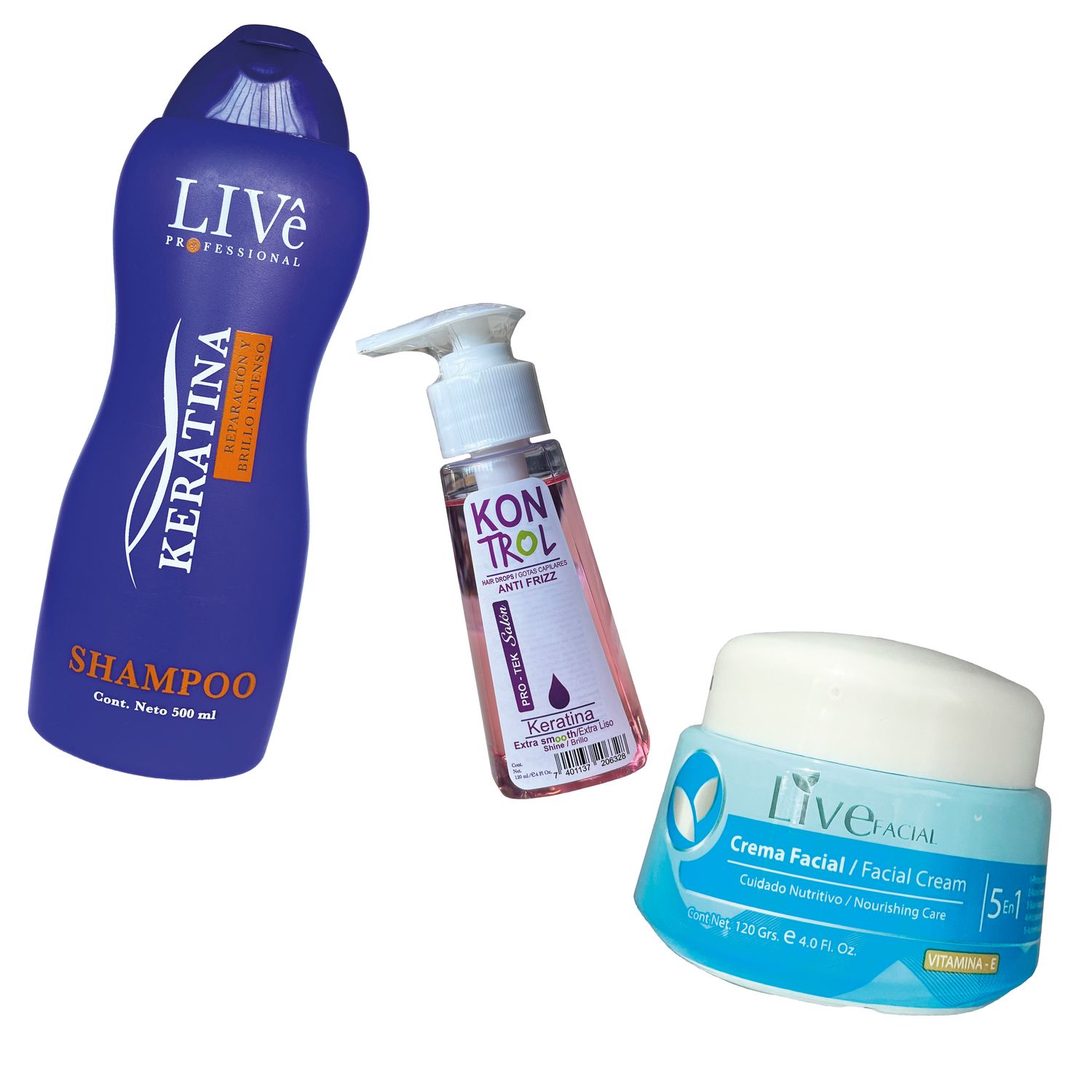 COMBO ALISATE:

Shampoo Live 
Gotas capilares Kontrol
Crema facial Live