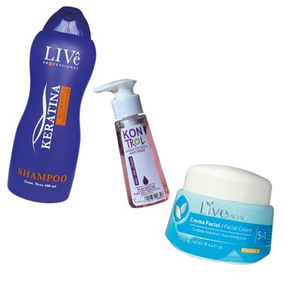 COMBO ALISATE:

Shampoo Live 
Gotas capilares Kontrol
Crema facial Live