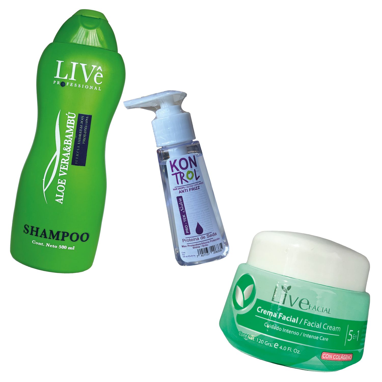 COMBO HIDRATACION:

shampoo Live  Aloe , Bambu
gotas capilares
crema facial Live con colageno