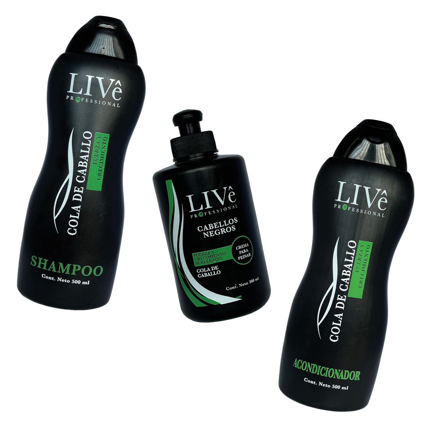 COMBO CABELLOS NEGROS:

Shampoo Live  cola de caballo 
acondicionador live cola de caballo 
crema para peinar cola de caballo