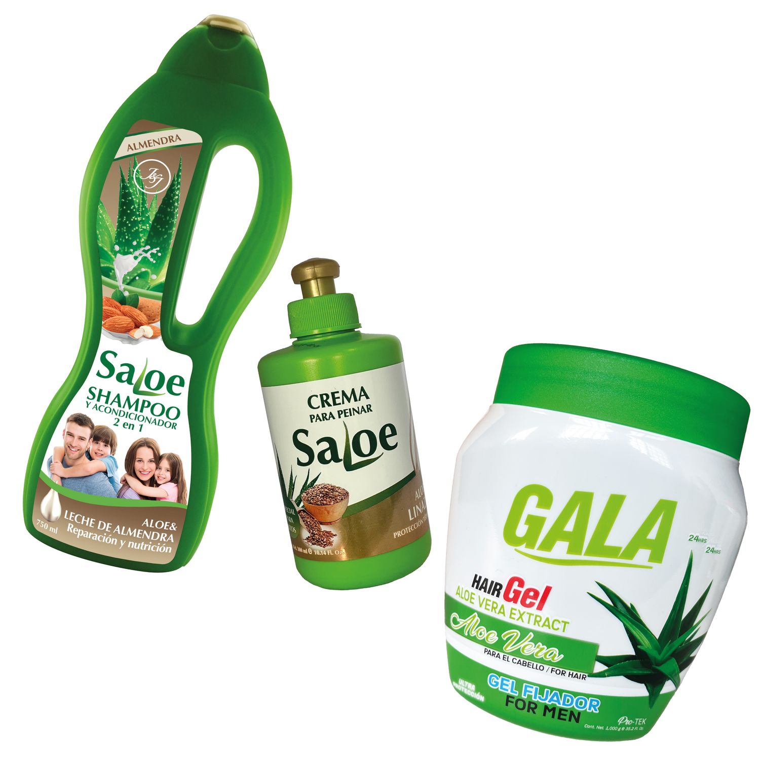 COMBO ALOE VERA :

Shampoo saloe 
Crema para peinar saloe 
Gel para el cabello Gala