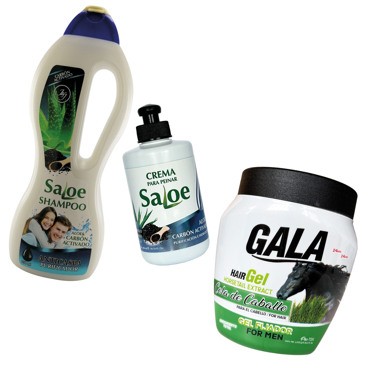 COMBO ANTICASPA :

shampoo saloe ,carbon activado 
crema para peinar saloe 
gel para el cabello gala