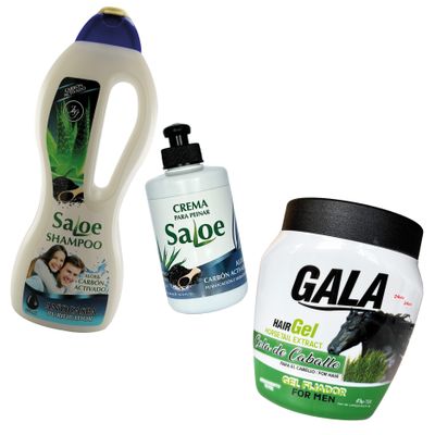 COMBO ANTICASPA :

shampoo saloe ,carbon activado 
crema para peinar saloe 
gel para el cabello gala