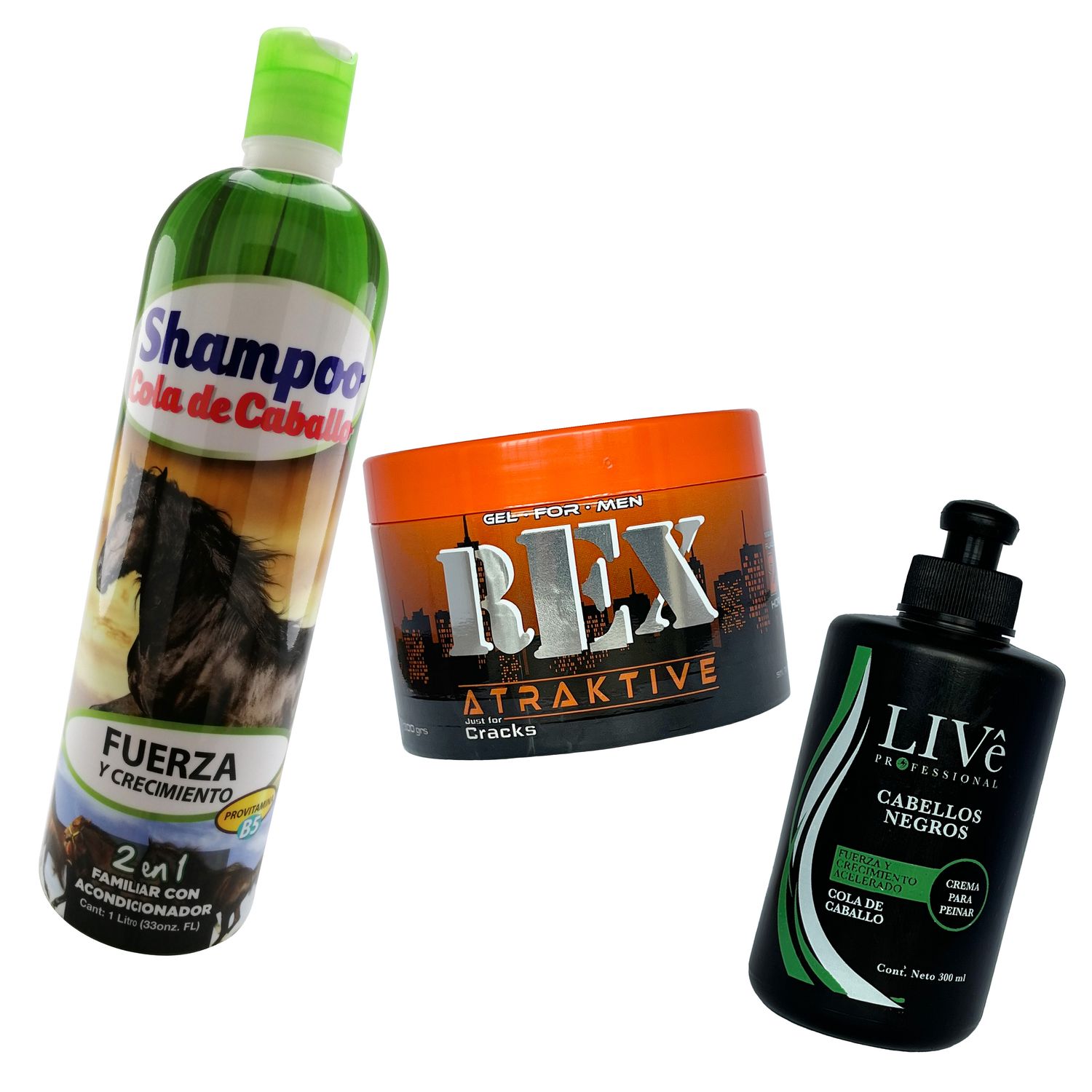 COMO REFUERZA :

shampoo tropic cola de caballo 
gel para el cabello rex atraktive 
crema para peinar live