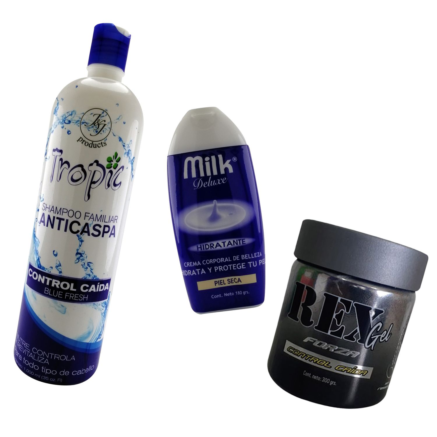 COMBO REX 

shampoo tropic anticaspa 
crema milk deluxe 
gel para el cabello REX