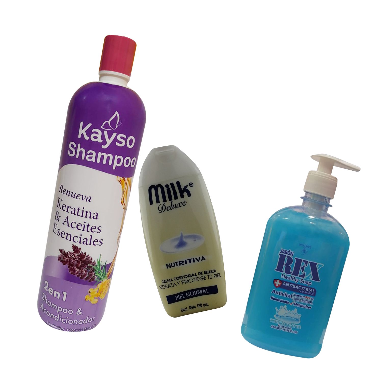 COMBO GENIAL :

shampoo kayso  keratina y aceites esenciales 
crema milk deluxe 
jabon para manos Rex