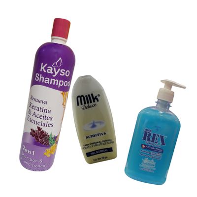 COMBO GENIAL :

shampoo kayso  keratina y aceites esenciales 
crema milk deluxe 
jabon para manos Rex