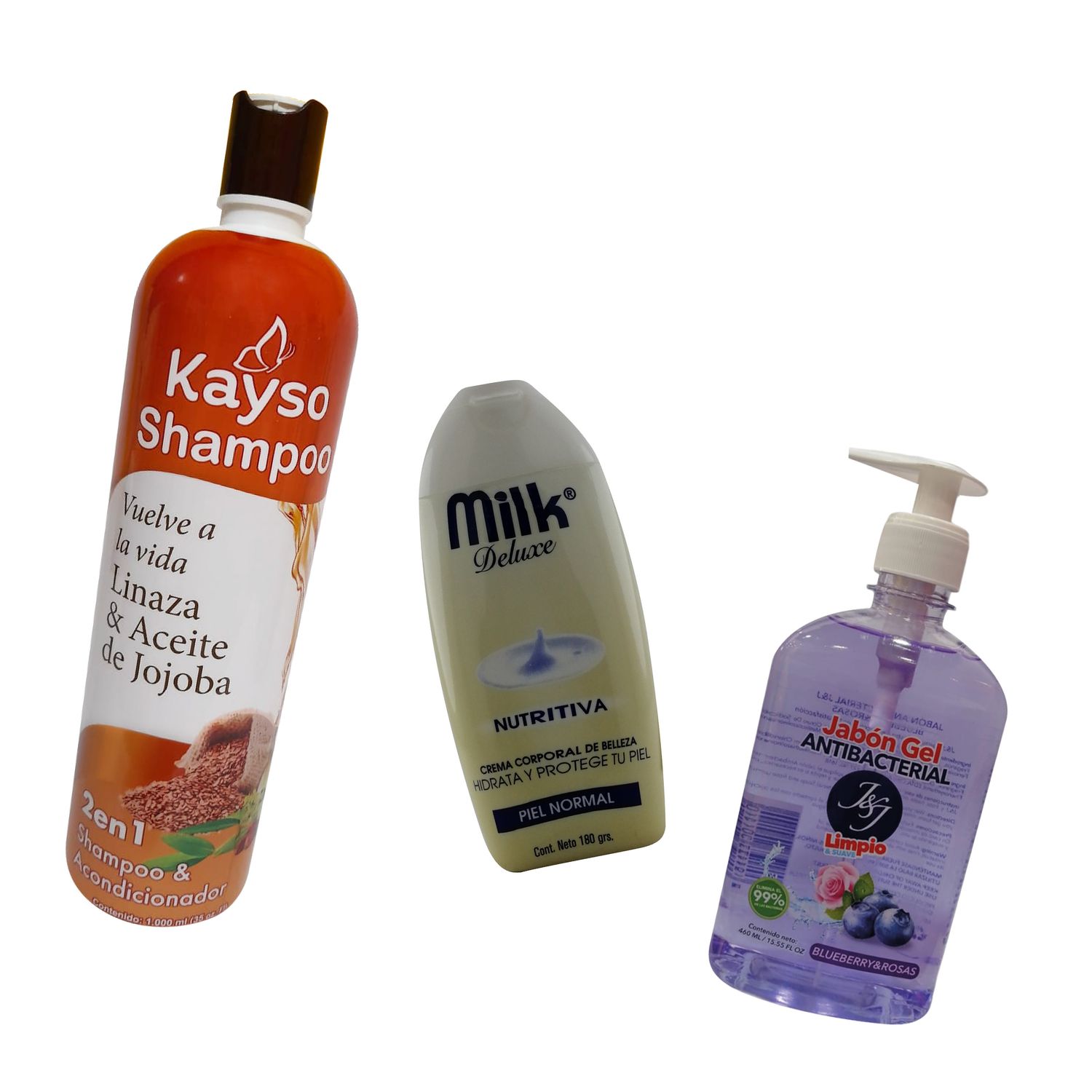 COMBO LIMPIA :

shampoo kayso aceite de jojoba 
crema  milk deluxe 
jabon para manos Olimpo