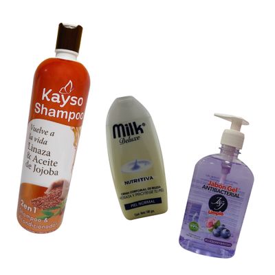 COMBO LIMPIA :

shampoo kayso aceite de jojoba 
crema  milk deluxe 
jabon para manos Olimpo