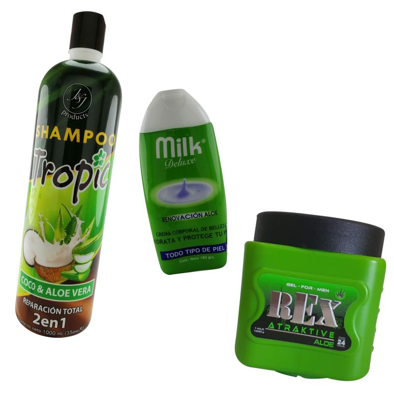 COMBO ALOE :

Shampoo tropic 
Crema Milk 
Gel rex atraktive con aloe