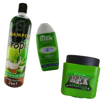 COMBO ALOE :

Shampoo tropic 
Crema Milk 
Gel rex atraktive con aloe