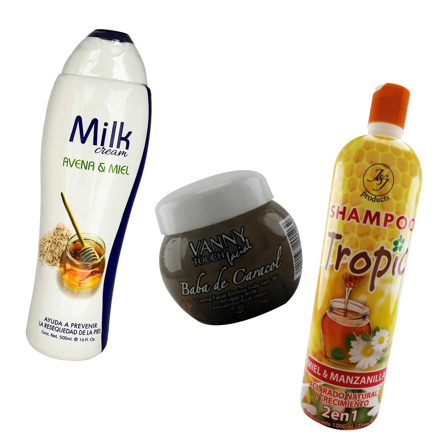 COMBO EXTRACTOS 

crema para cuerpo milk 
crema facial baba de caracol
shampoo tropic miel y abeja
