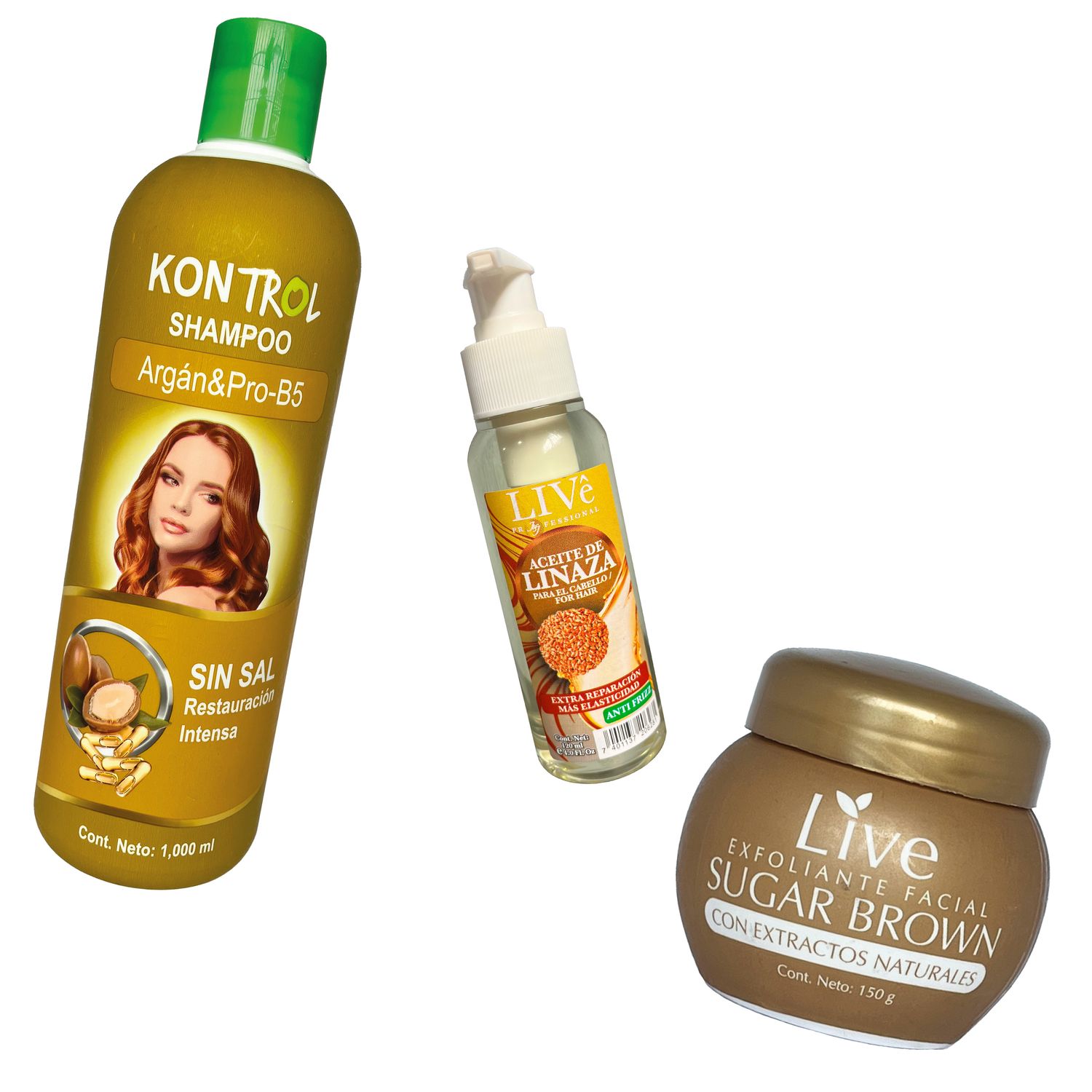 COMBO BELLA :

shampoo  kontrol sin sal Argan 
aceite capilar de coco 
exfoliante facial live sugar brown