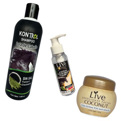 COMBO COLA DE CABALLO :

shampoo kontrol  cola de caballo 
aceite capilar live cola de caballo 
exfoliante live coco