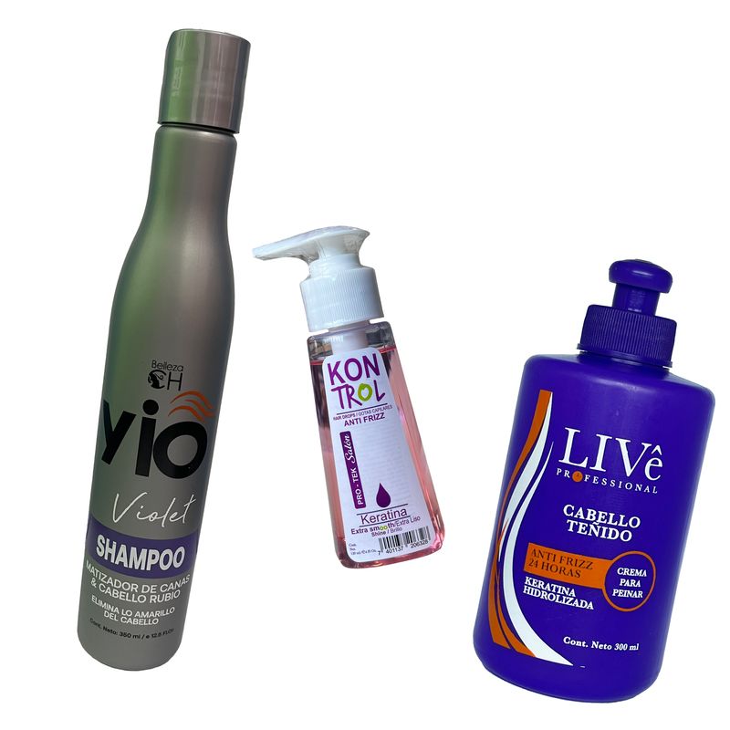 COMBO MATIZADOR:

shampoo yio matizador rubios 
gotas capilares kontrol 
crema para peinar live