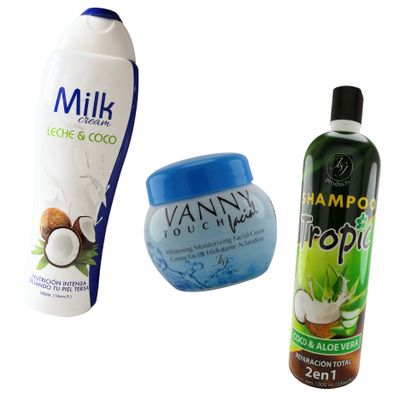 COMBO NATURAL :

crema cuerpo coco milk 
vanny facial hidratante 
shampoo tropic coco