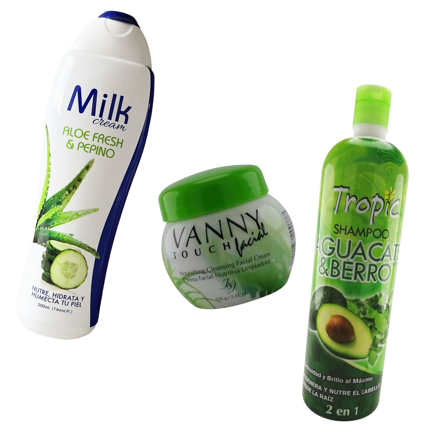 COMBO ORGANICO :

crema cuerpo milk aloe y pepino 
vanny facial , limpieza 
shampoo tropic aguacate y berro