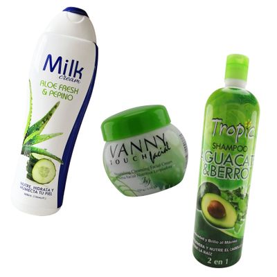 COMBO ORGANICO :

crema cuerpo milk aloe y pepino 
vanny facial , limpieza 
shampoo tropic aguacate y berro