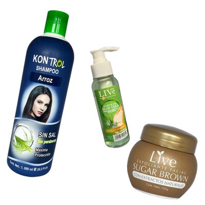 COMBO MÁXIMA 

shampoo sin sal Kontrol 
aceite capilar  live  aloe 
exfoliante facial S live sugar brown