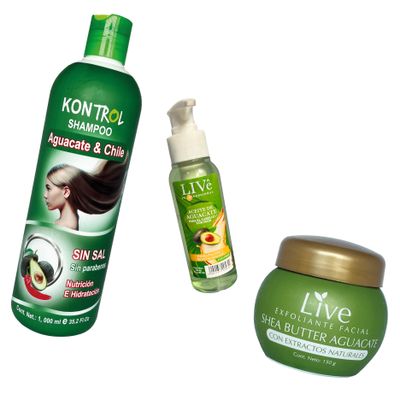 COMBO NUTRICION:

shampoo kontrol sin sal 
aceite capilar live aguacate 
exfoliante facial  live aguacate