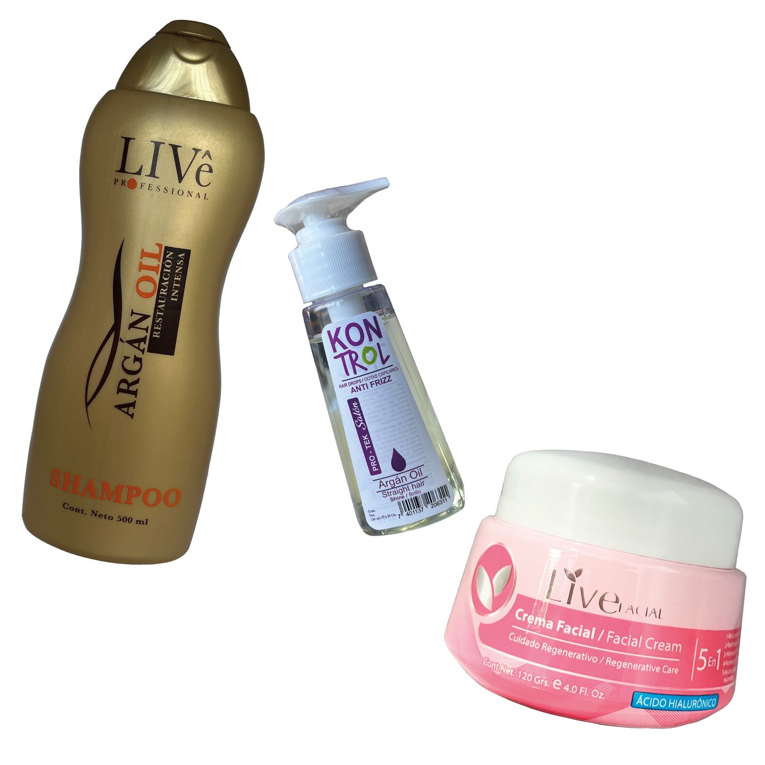 COMBO LIVE 

shampoo live , argan 
gotas capilares Kontrol 
crema facial live , colageno