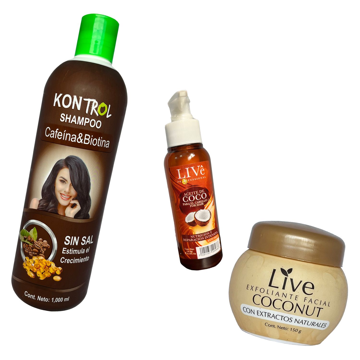 COMBO CAFE:

shampoo kontrol sin sal Biotina 
aceite capilar live   coco 
exfoliante facial  live coco